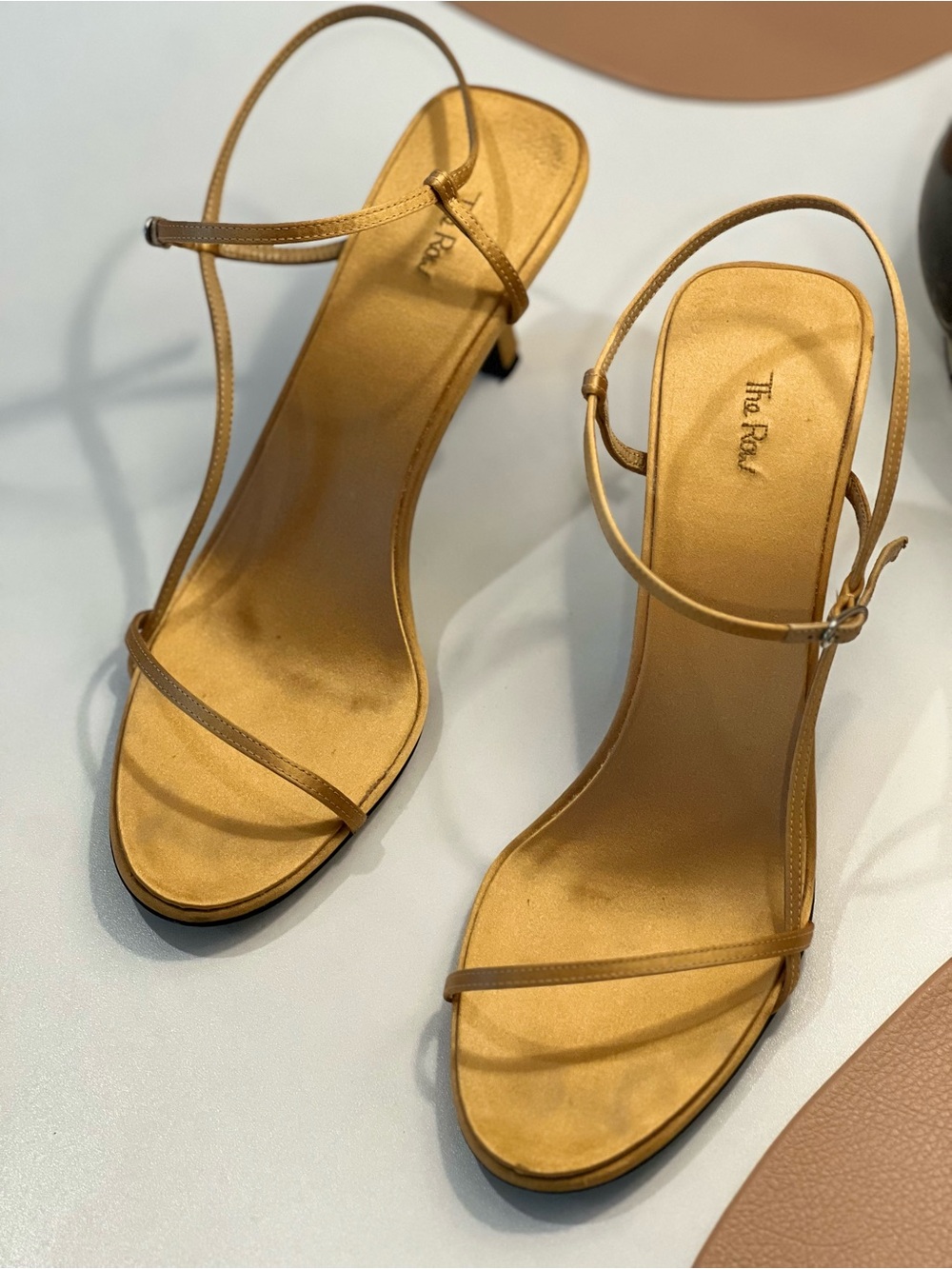 The Row Bare Gold Satin Sandals 65mm Heel – Size 38.5 (With Dust Bag)